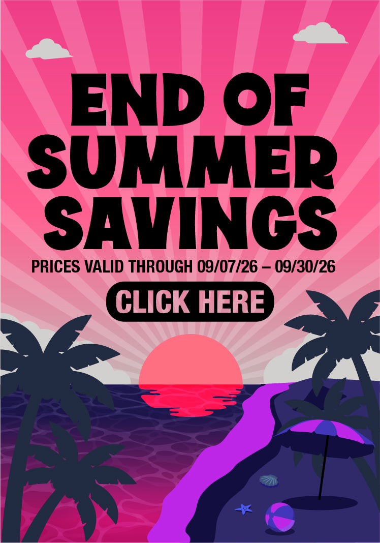A promotional summer sale graphic with bold black text reading 'END OF SUMMER SAVINGS' and 'CLICK HERE' over a pink sunburst background, plus a beach scene with palm trees, a purple shoreline, and a sunset.