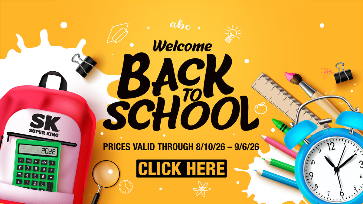 A colorful 'Welcome Back to School' promotional graphic on a bright yellow background, featuring school supplies including a pink backpack, blue alarm clock, pencils, ruler, binder clips, and a magnifying glass. Large text reads 'Welcome BACK TO SCHOOL' with 'CLICK HERE' below.