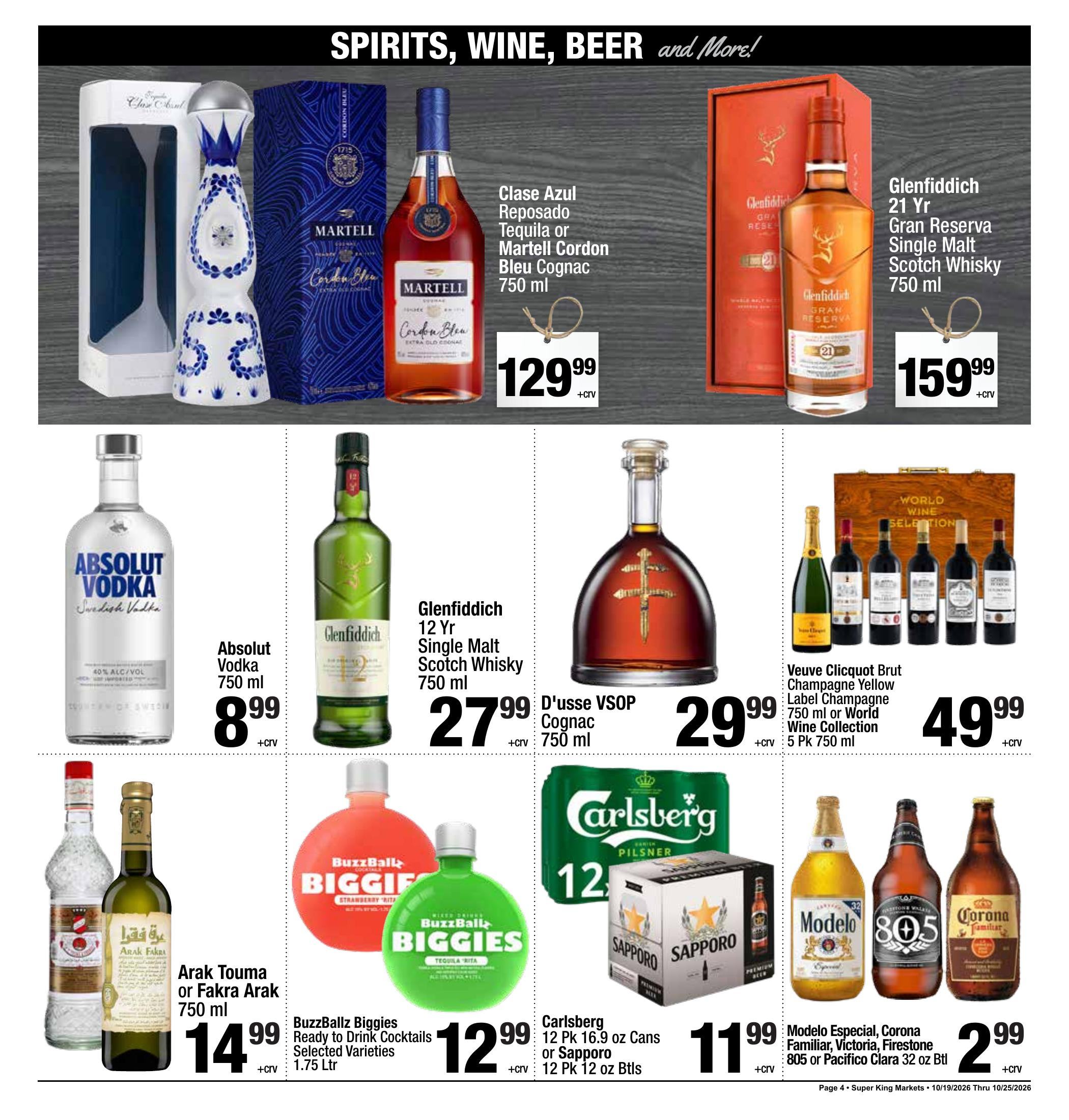 Super King Markets Culver City Weekly Deals ad, page 4 of 8: Spirits, Wine, Beer and More. Every item on this page is listed in the text version.