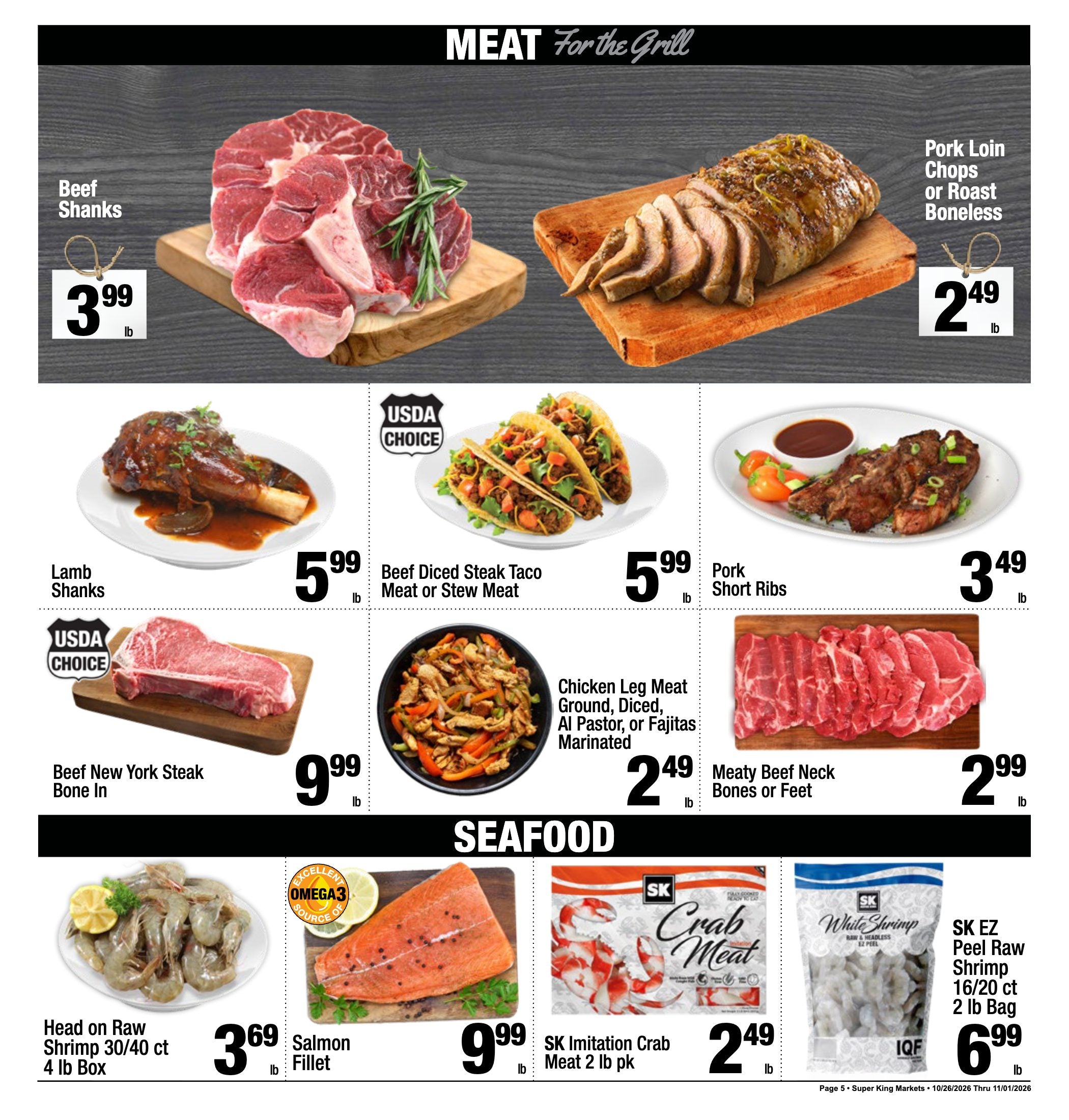 Super King Markets Weekly Deals ad, page 5 of 8: Meat and Seafood. Every item on this page is listed in the text version.