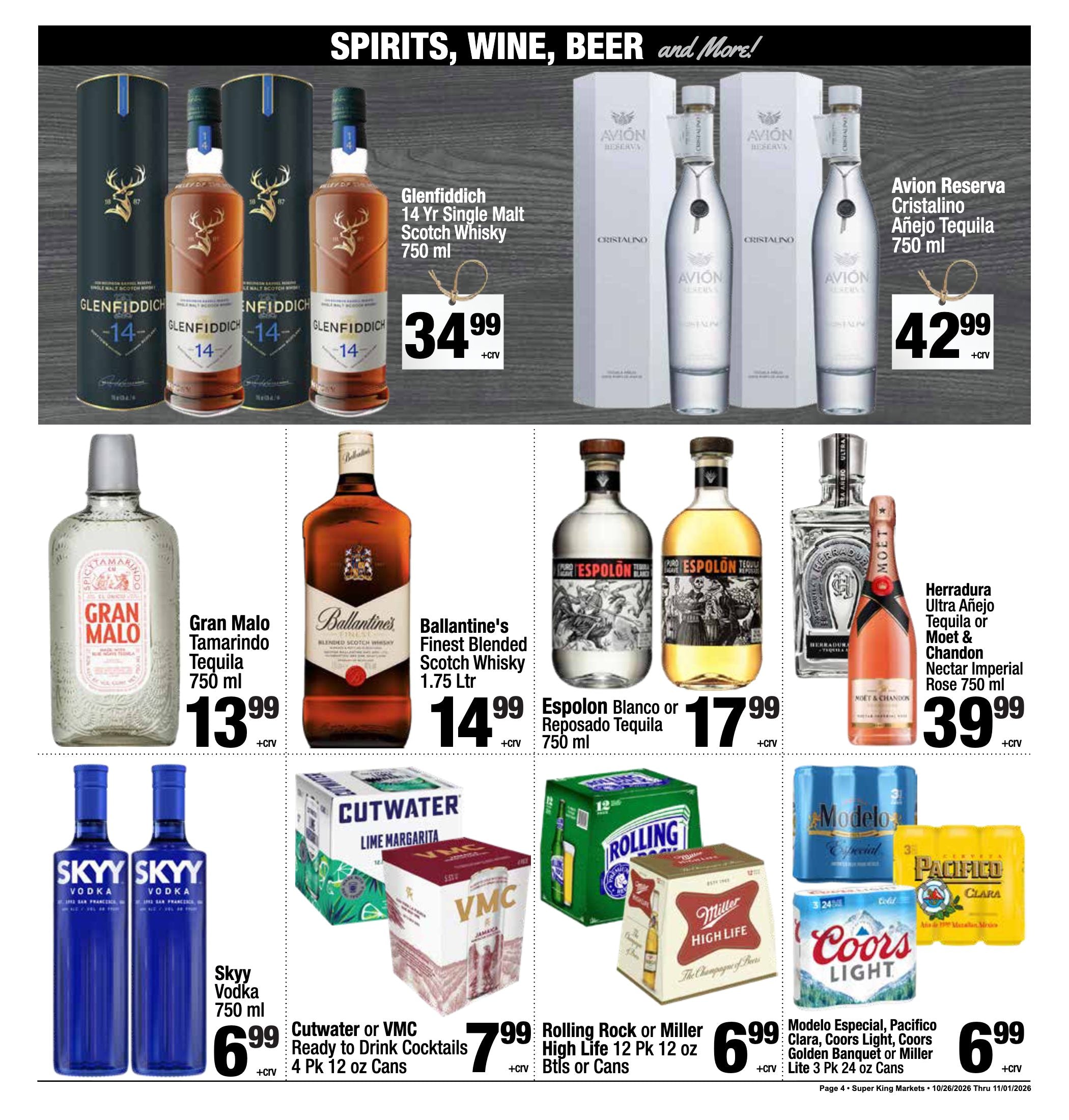 Super King Markets Torrance Weekly Deals ad, page 4 of 8: Spirits, Wine, Beer and More. Every item on this page is listed in the text version.