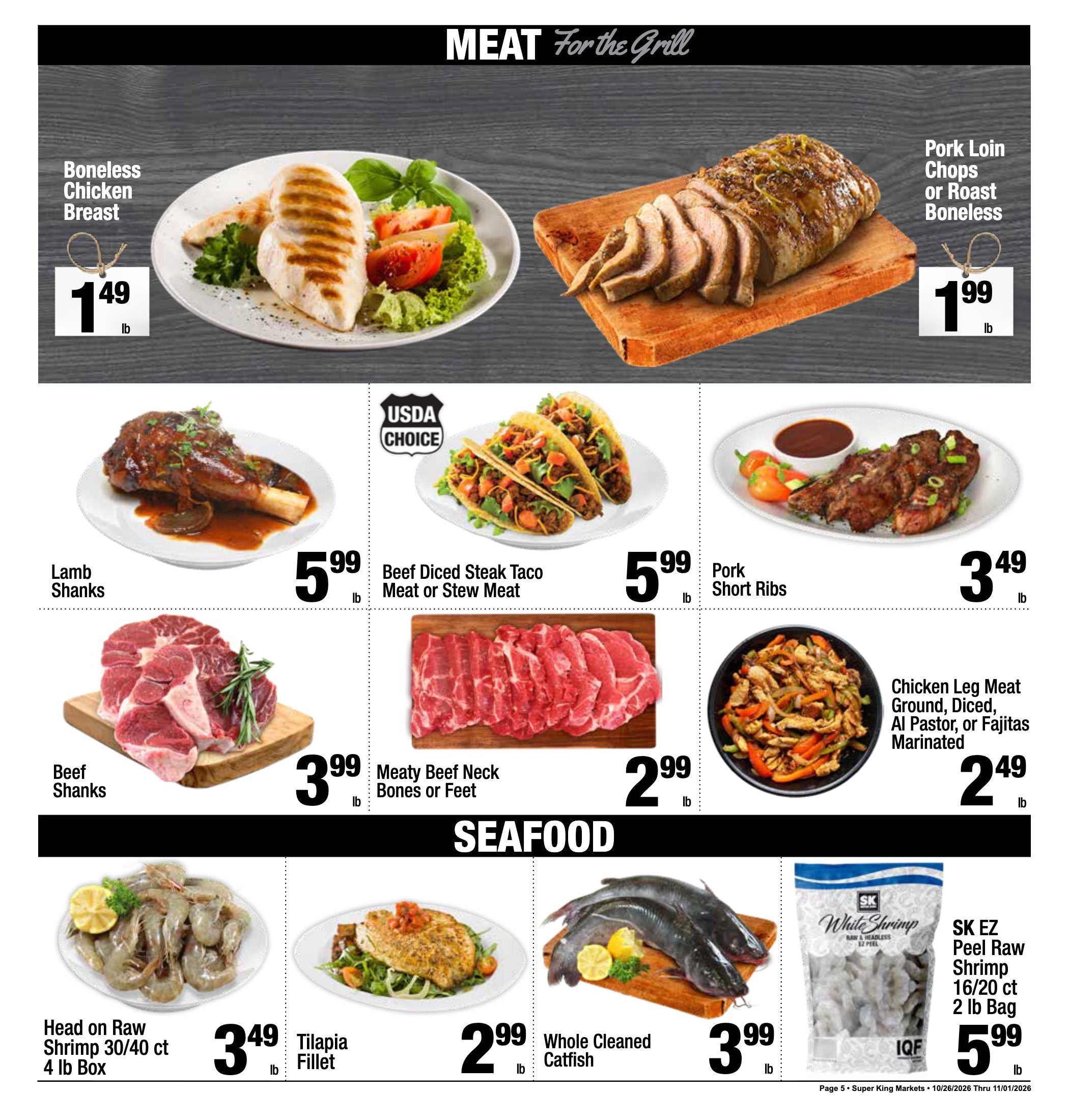 Super King Markets Torrance Weekly Deals ad, page 5 of 8: Meat and Seafood. Every item on this page is listed in the text version.