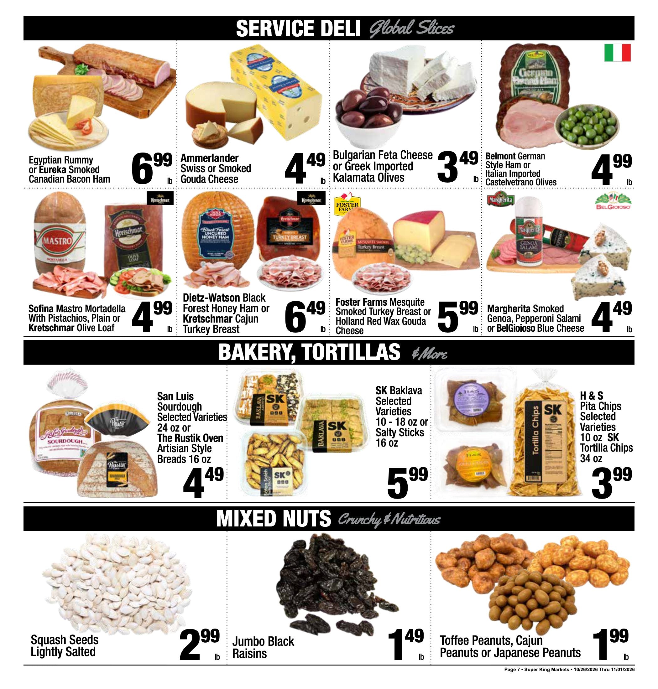 Super King Markets Torrance Weekly Deals ad, page 7 of 8: Service Deli, Bakery, Tortillas and Mixed Nuts. Every item on this page is listed in the text version.
