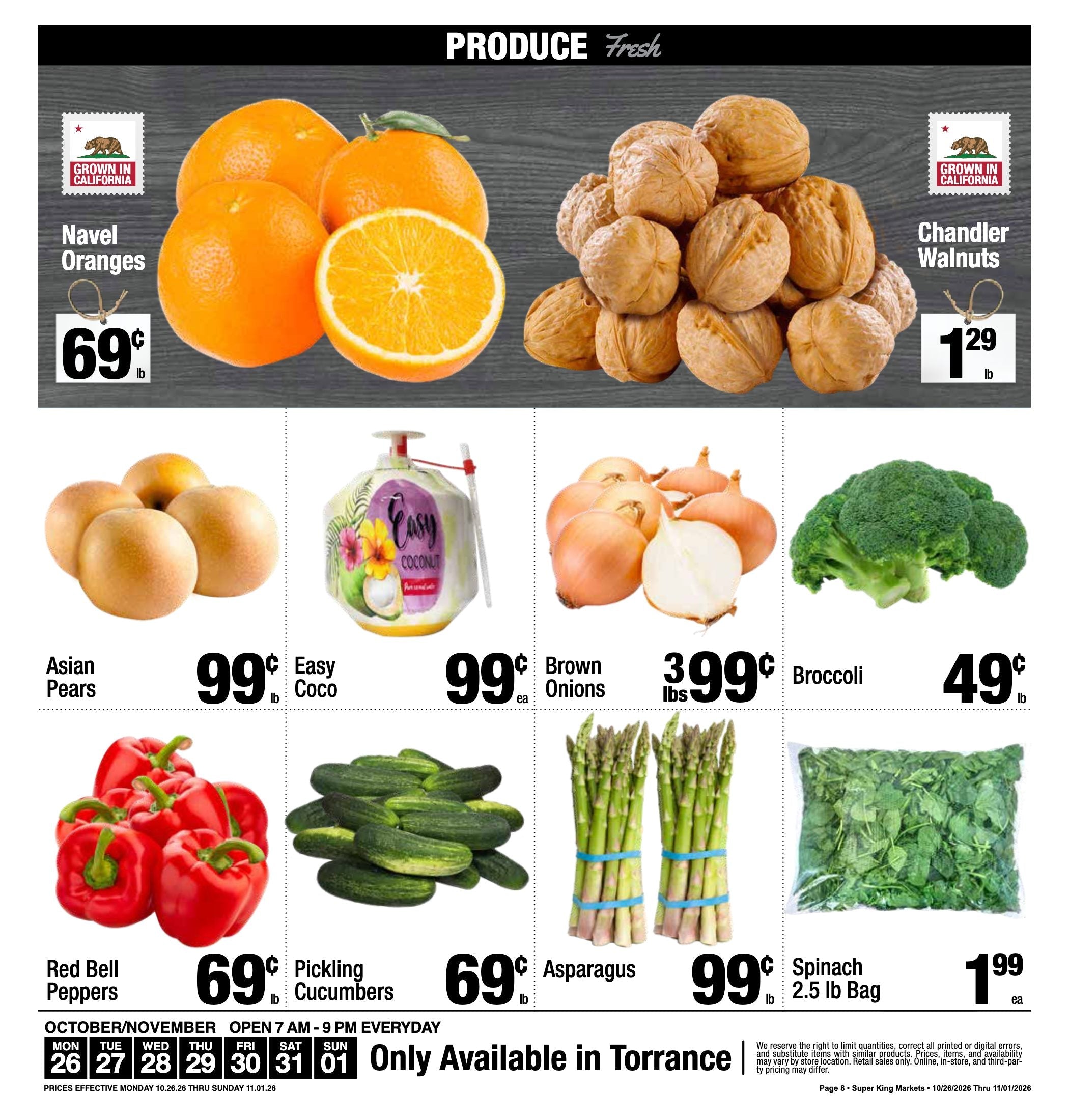 Super King Markets Torrance Weekly Deals ad, page 8 of 8: Fresh Produce. Every item on this page is listed in the text version.